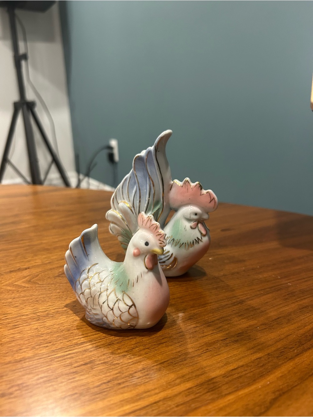 Pastel Ceramic Rooster Figurines - Pair